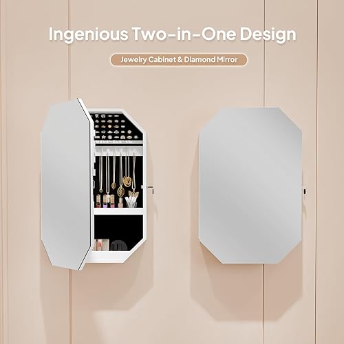 Miniatura 5 de Bonnlo Armario de joyería moderno en forma de diamante, organizador octogonal con cerradura con espejo, montado en la pared para ahorrar espacio