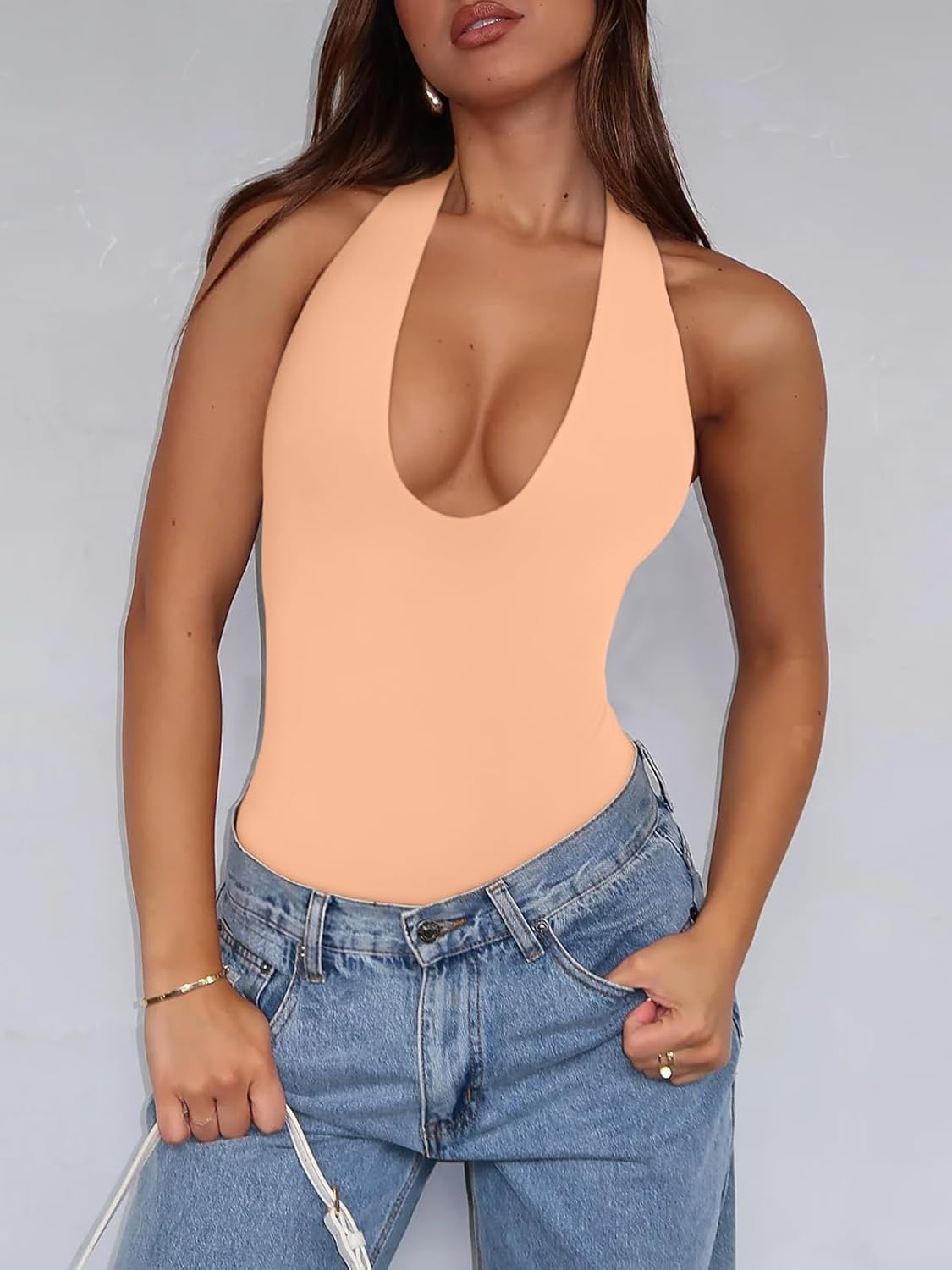 REORIA Bodysuits for Women Halter Tops 2025 Summer V Neck Backless Body Suits Tank Top Trendy Fashion Clothing