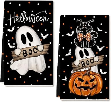 ARKENY Pumpkin Ghost Halloween Kitchen Towels Set of 2,Black Bat Cat Boo Dish Towels 18x26 Inch,Farmhouse Home Indoor Vintage Party Decoration AD395