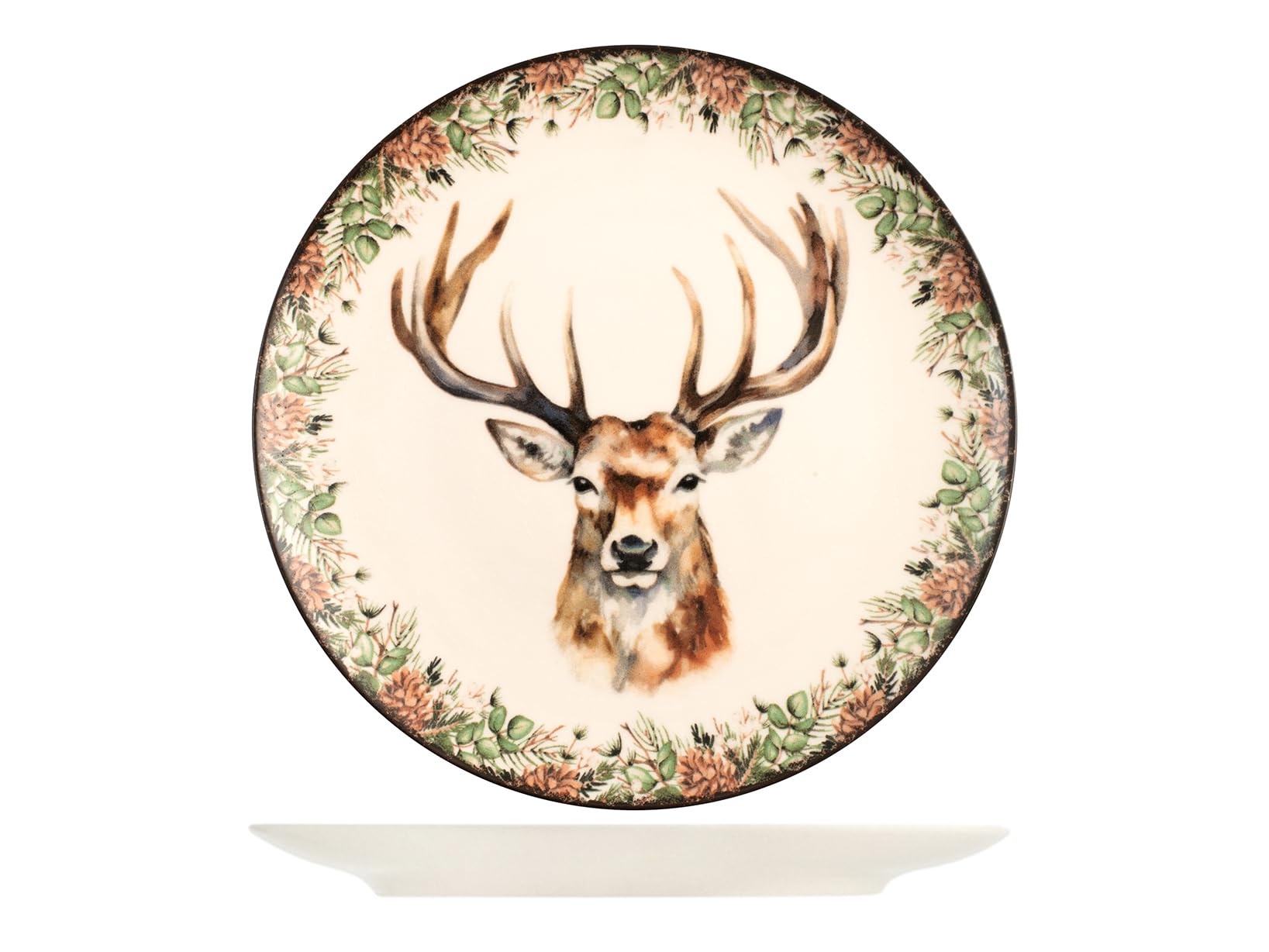 H&H Servizio Tavola 18 Pezzi Montana – Set Piatti Natalizi in Stoneware con Decoro Cervo, Adatto a Lavastoviglie e Microonde – Servizio per 6 Persone, Piatti Piani, Fondi e da Frutta
