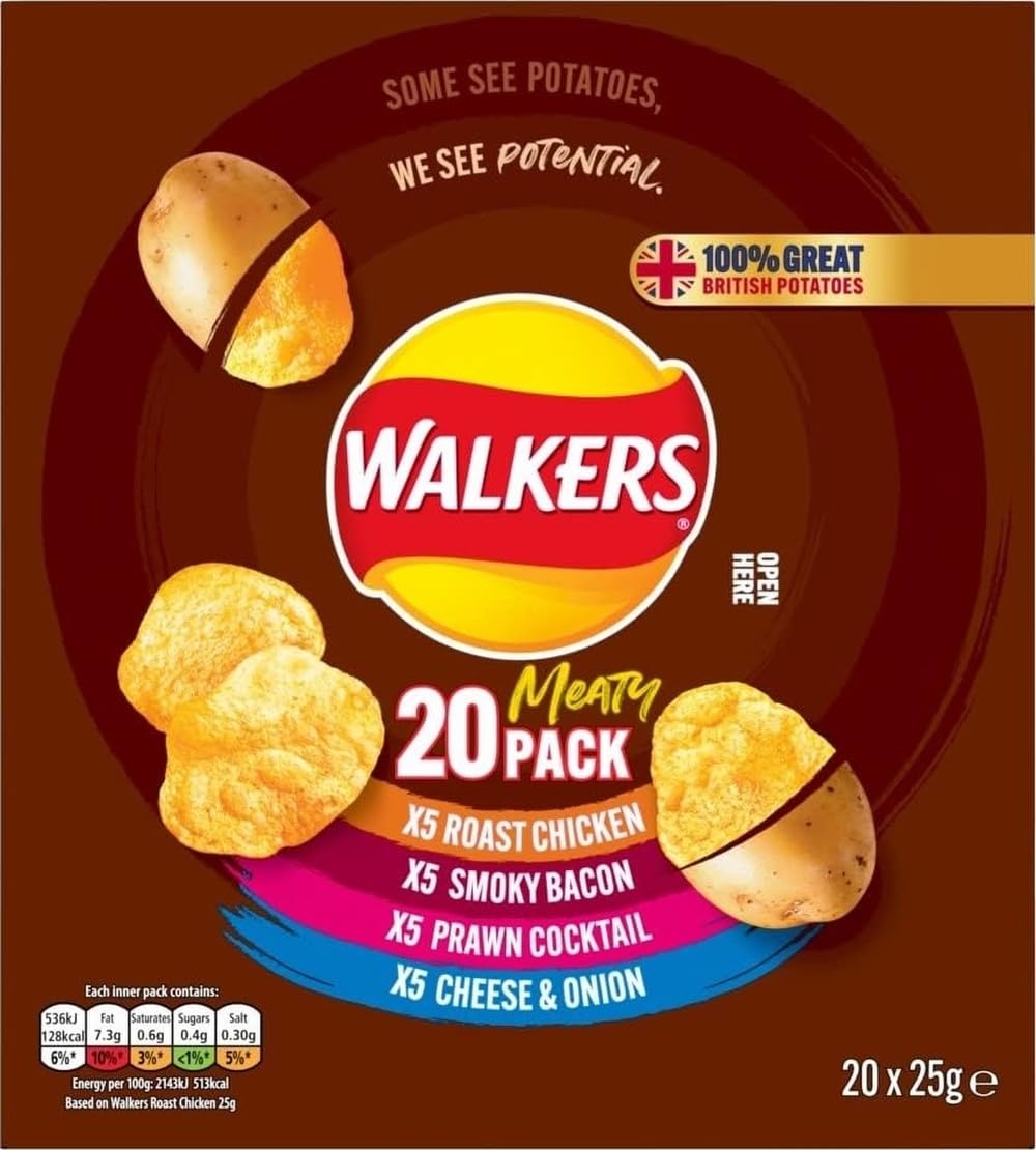 Walkers Meaty Variety Multipack Crisps Box 20x25g, Red