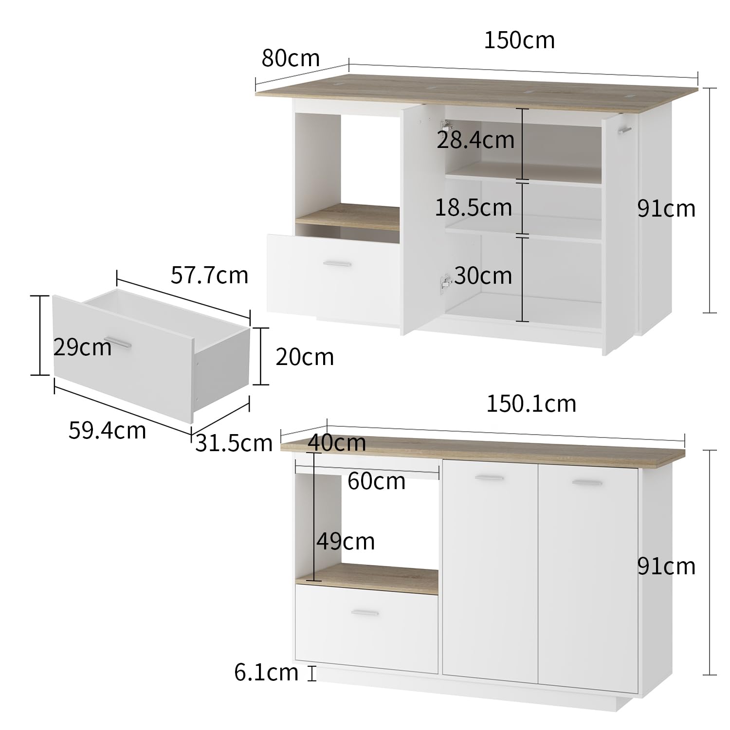 Caldion Kücheninsel mit Arbeitsplatte,Küchenwagen mit Schubladen,Küchenschrank mit Verstellbare Schotten,Buffetschrank Holzfarbe und Weiß,Kücheninselschrank,150x40x91cm