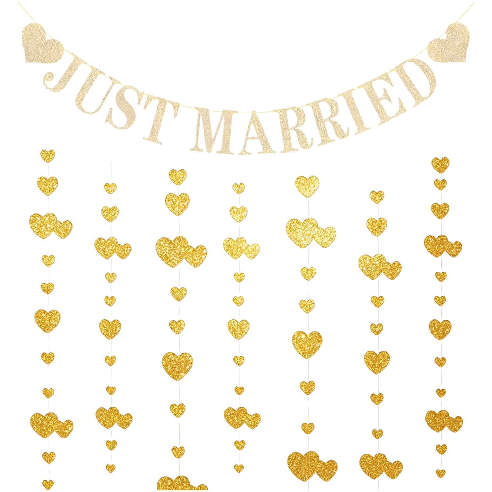 2 PCS Just Married Banner, Just Married Decorations, Pre-Strung Garland with Glitter Letters Hearts, for Wedding Party, Ceremony, Car