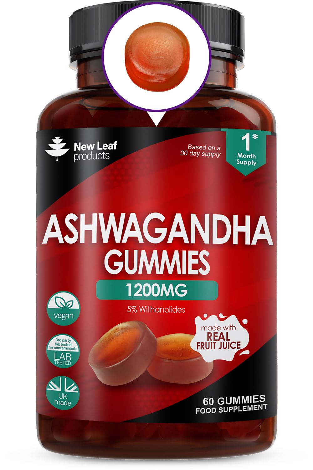 Ashwagandha Gummies 1200mg - 5% High Dose Withanolides - No Artificial Colours Flavours - Ashwagandha Root Extract, 60 Vegan Fruit Gums, Gluten Free, Made in the UK by New Leaf