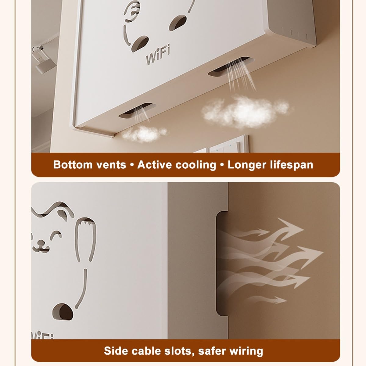 Support Mural pour Routeur, Rangement Box Internet avec Design Chat Porte-Bonheur, Cache Modem WiFi pour Gestion des Câbles, Blanc(18.9"x 3.74"x14.96")