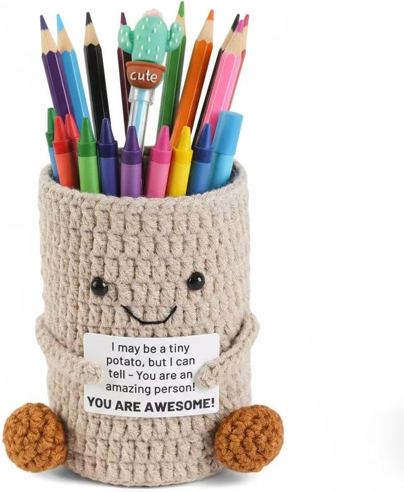 Cute Crochet Pencil Holder with Positive Message,Makeup Brush Holder Desk Organizer for Office School desk,Best Gift For Colleague Classmate And Friends Back to School gift for students