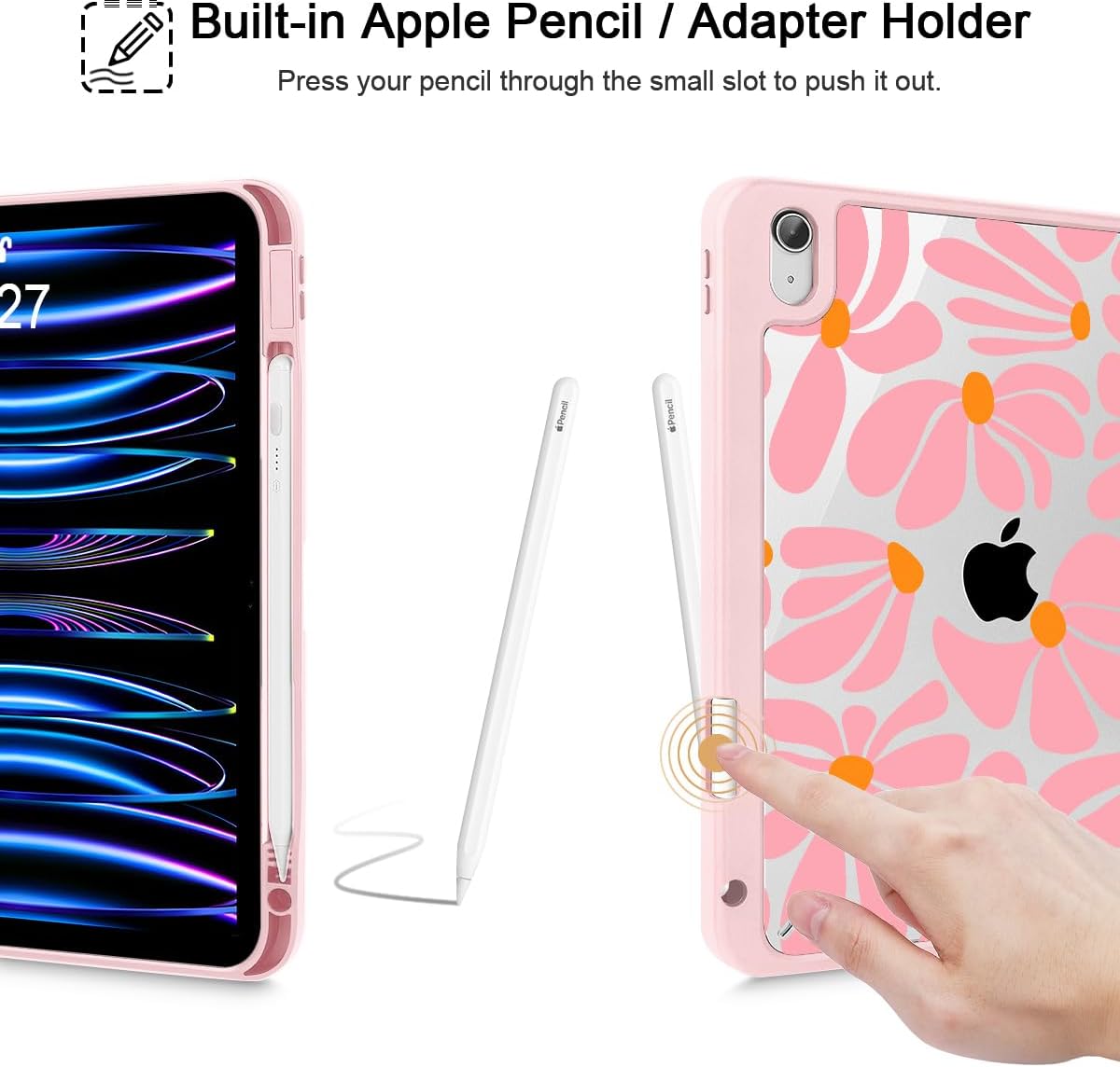 May Chen for iPad (A16) 11th Generation Case 11 Inch 2025, iPad 10th Gen Case 2022 10.9 inch, Built-in Pencil Holder with Shockproof Cover Clear Transparent Back Shell Auto Wake/Sleep, Groovy Flower