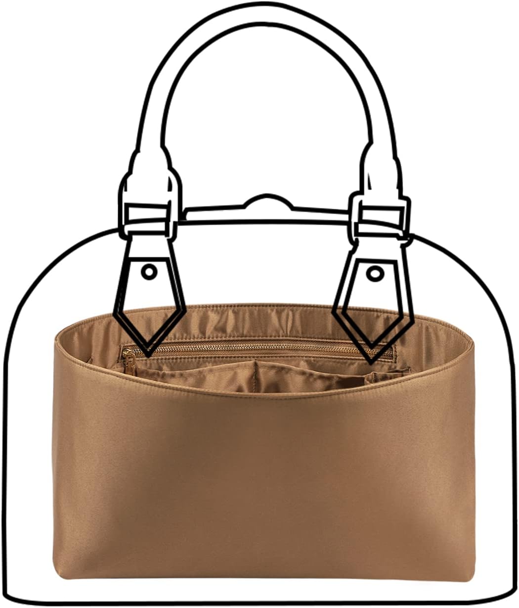 ZTUJO Purse Organizer Insert For Handbags, Silk Purse Organizer with Zipper, Silky Smooth, Bag Organizer For Speedy Neverfull Tote,onthego,Artsy, 6 Sizes(Medium, Silky Brown)