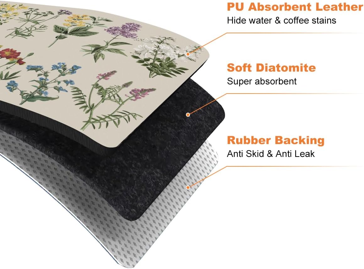 LOKHOM Dish Drying Mat for Kitchen Counter, 17"x32" Absorbent Coffee Bar Mat with Vintage Sage Flower Herbs, Dish Drainer Rack Mats for Kitchen Counter Coffee Maker Pot Dining Room Decoration