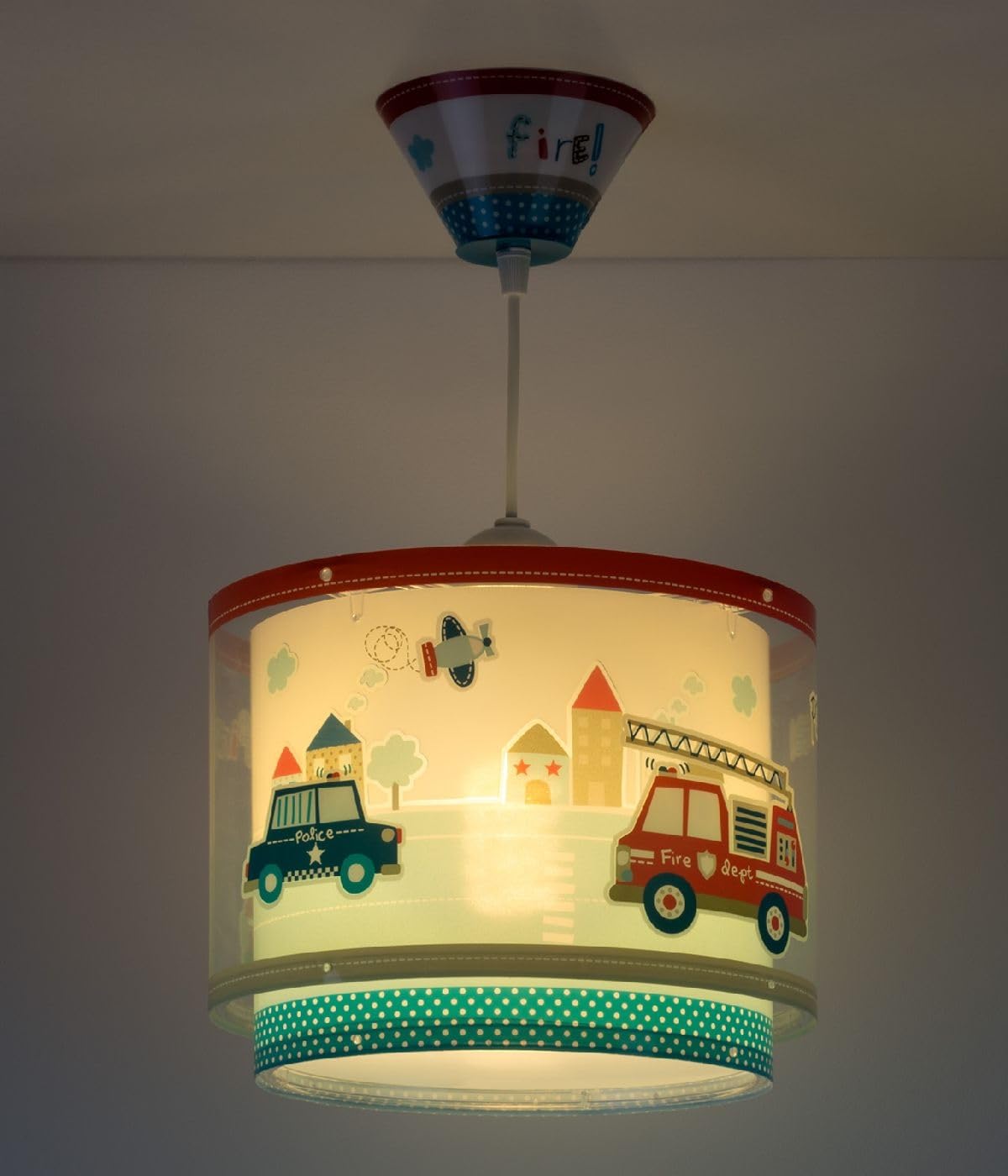 Dalber Lámpara Techo Colgante Infantil Polica y Bomberos Azul 60612M E27 | Incluye difusor de luz inferior extraible; Habitación Niño; coches y bomberos