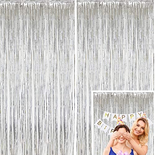 Moohome 2 Pack 3ft x 8ft Silver Foil Curtains Metallic Tinsel Fringe Curtains Shimmer Door Window Curtain Backdrop for Birthday Wedding Bridal Shower Photo Booth Party Decorations