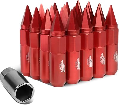 J2 Engineering LN-T7-017-125-RD 20Pcs M12 x 1.25 7075-T6 Aluminum 90mm Spiked End Lug Nut w/Socket Adapter Red