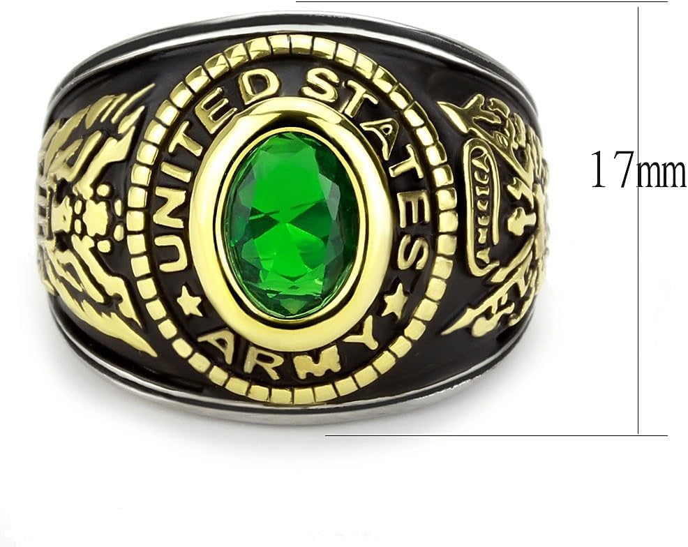 Lanyjewelry Womens United States Army Military Two Tone Gold 316 Stainless Steel Green CZ Ring