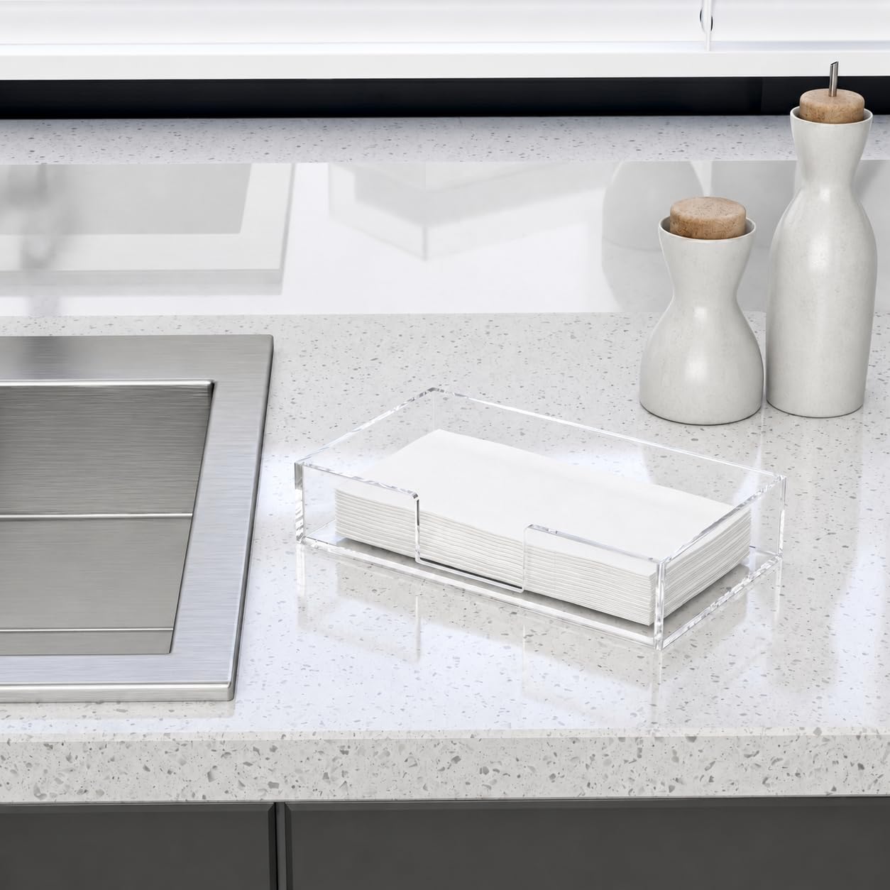 Servilletero acrílico para toallas de invitados, bandeja de almacenamiento de toallas de mano de papel transparente para baño, cocina, fiestas, bodas, dispensador de servilletas moderno vertical para