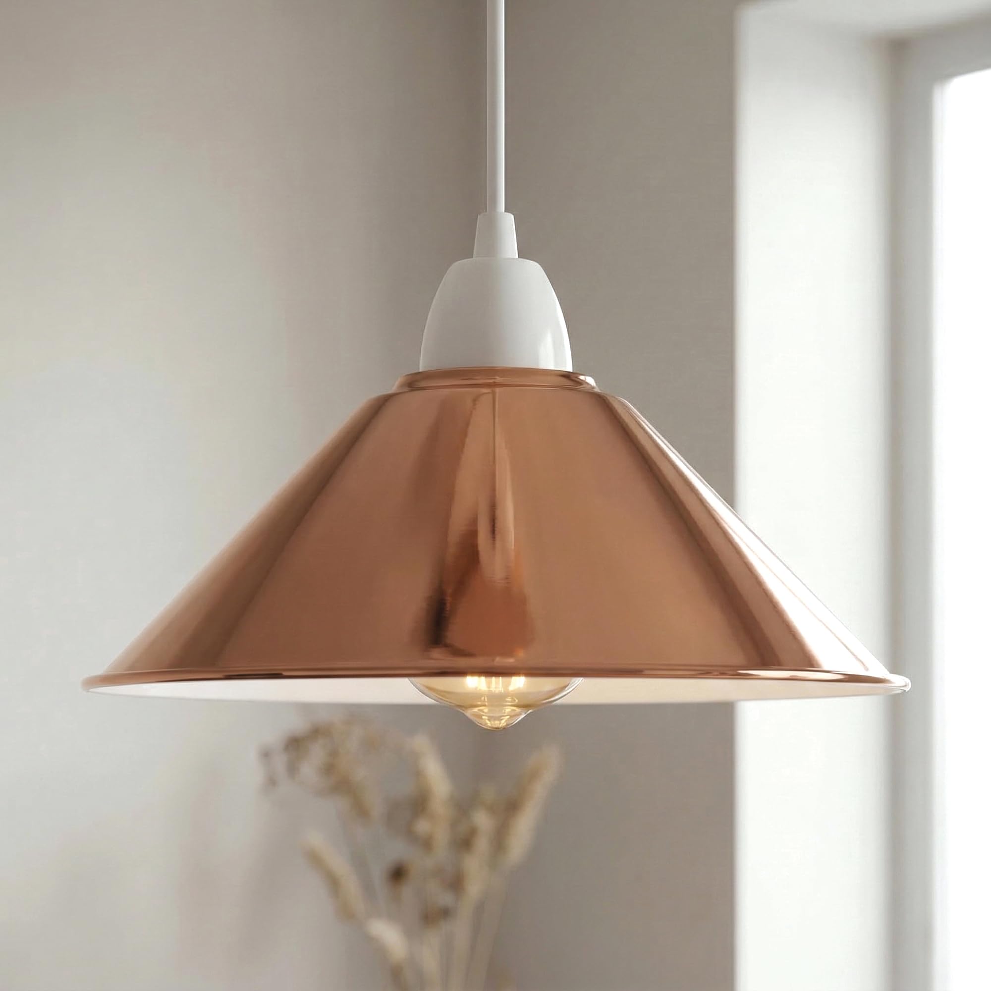 Vintage Retro Light Shade, Metal Cone Lampshade, Easy Fit Industrial 22cm Lamp Shade, 4cm E27 Pendant Hole for Kitchen, Living Room, Hallway (Rose Gold) โ image 1