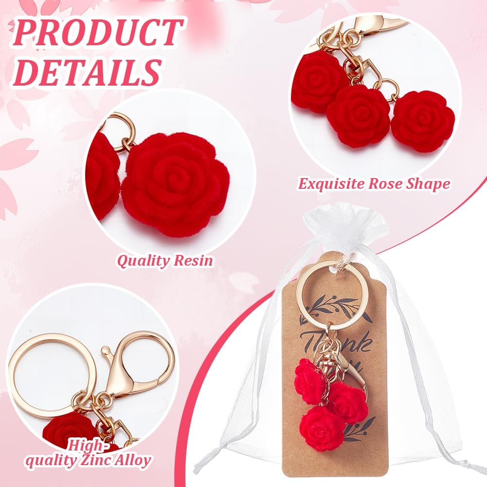 FREEBLOSS 40 Set Rose Party Favor Keychains Rose Key Chains with 40 Organza Bags and 40 Thank You Tags Roses Theme Backpack Keychain Supplies Wedding Bridal Guests Souvenir for Party Favors Gift