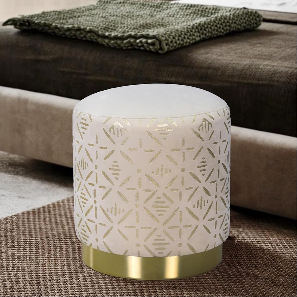 Royaloak Geometric Foil Printed Round Ottoman Poufs | Velvet Fabric Material | Ideal for Living Rooms & Bed Rooms | Chantilly White | Italian Collection | Round Stool | Ottoman Stool for Living Room-image-4
