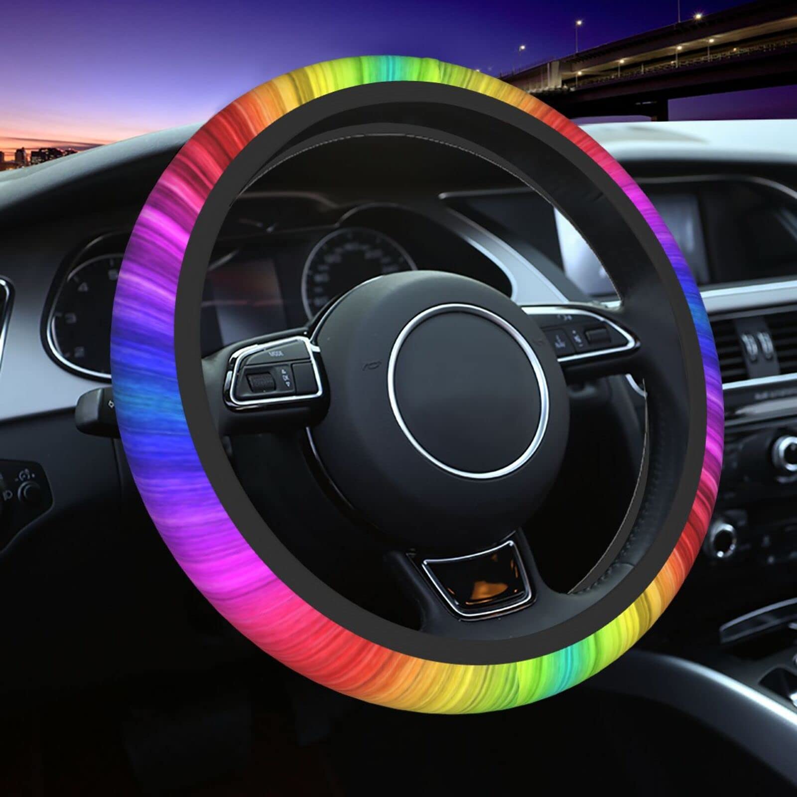 Rainbow Car Steering Wheel Cover Women Men Elastic Protective Suitable for Universal 15 Inch Trucks Vehicles
