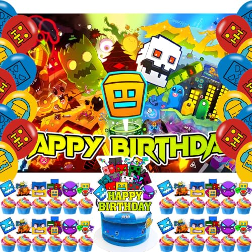 Geometry Dash Birthday Backdrop,Cartoon Geometry Dash Poster for Cartoon Theme Party Decorations Anime Birthday Supplies Background Studio Shoot Photo Props