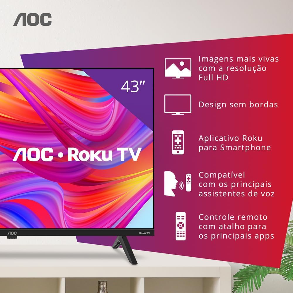AOC Roku TV with graphical callouts illustrating key features like Full HD resolution, borderless design, Roku app, voice assistant compatibility, and remote control shortcuts.