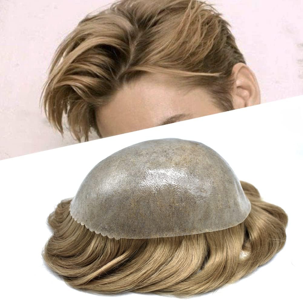 Toupee for Men's Hair Replacement System - Full Injected PU Durable Skin Wig - Soft Human Hair Piece - Grey 5x7" #22R Light Blonde-120% Medium Light to Medium Density