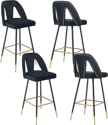 Miniatura 1 de Rhomtree Taburetes de bar tapizados de tela de terciopelo modernos con respaldos y patas de metal, taburetes de bar de 29.5 pulgadas de alto con