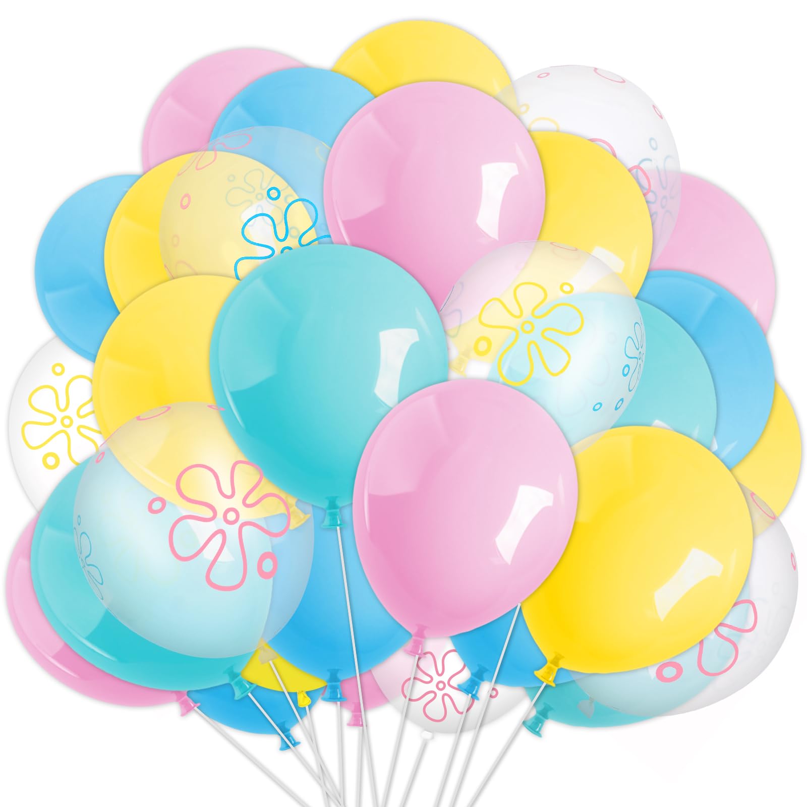 JarThenaAMCS 60Pcs Cartoon Sponge Party Balloon Bikini Flower Bubble Printed Latex Balloon Pink Blue Yellow Clear Balloon for Birthday Baby Shower