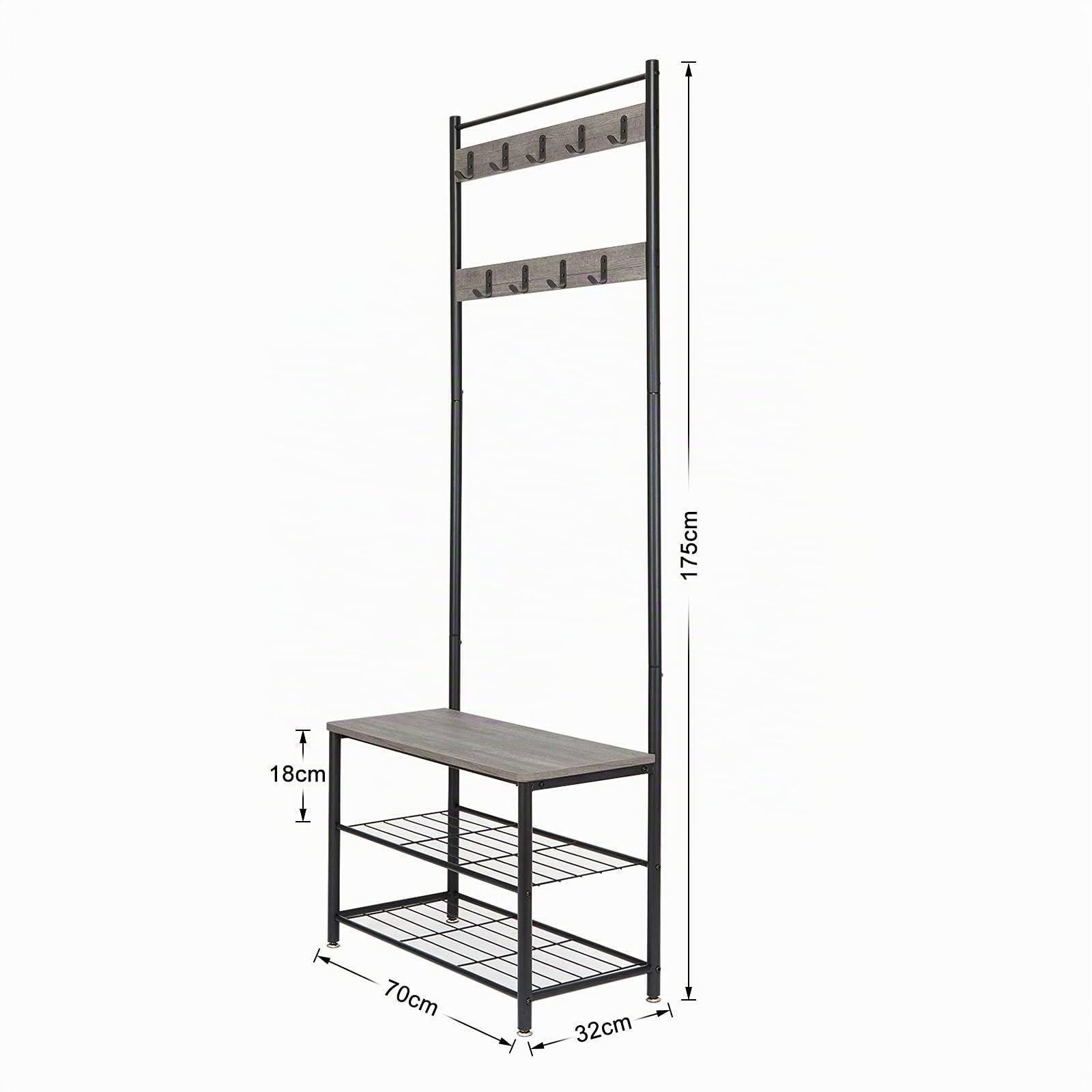 Mondeer Garderobenständer, Schuhregal mit Garderobe, 3 Ablagen und 9 Abnehmbaren Hake, Industrie Design, aus Metall und Holz,70 x 32 x 175 cm, für Flur, Grau