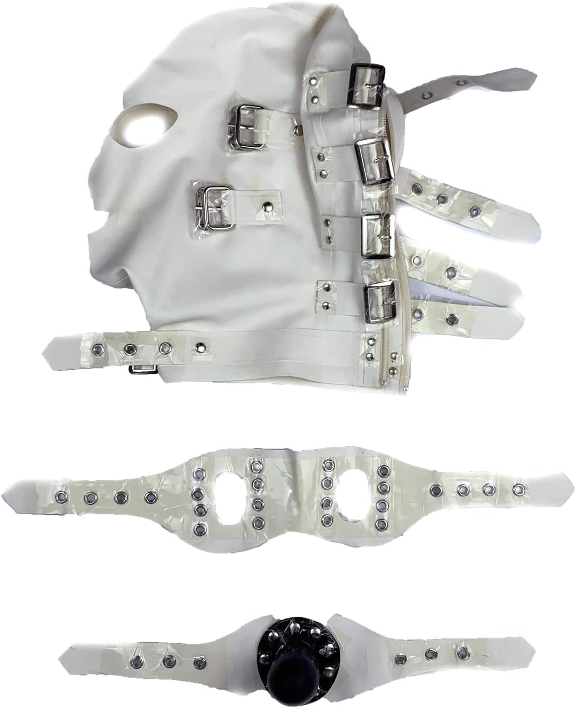 MONNIK Latex Hood Rivet Buckles Mask Eyes Blindfold and Mouth Plug with Zipper Handmade for Unisex Bodysuit Party Cosplay