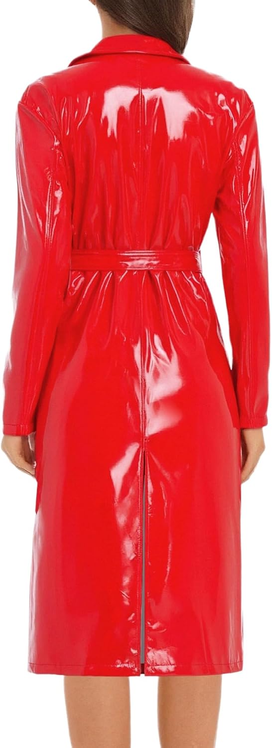 Alvivi Womens PU Glossy Open Front Long Jackets with Belt Long Trench Coat Blazer Lapel Overcoat