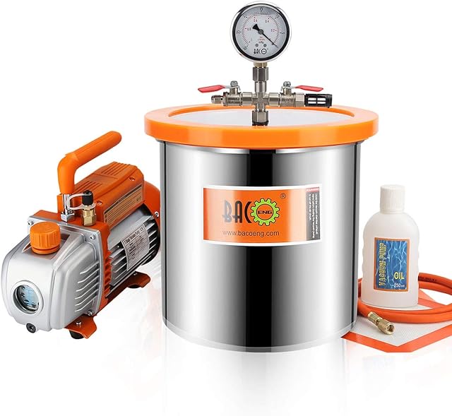 BACOENG 12 Liters Vacuum Chamber Kit with 3 CFM Single Stage Vacuum Pump, 3 Pin UK Plug