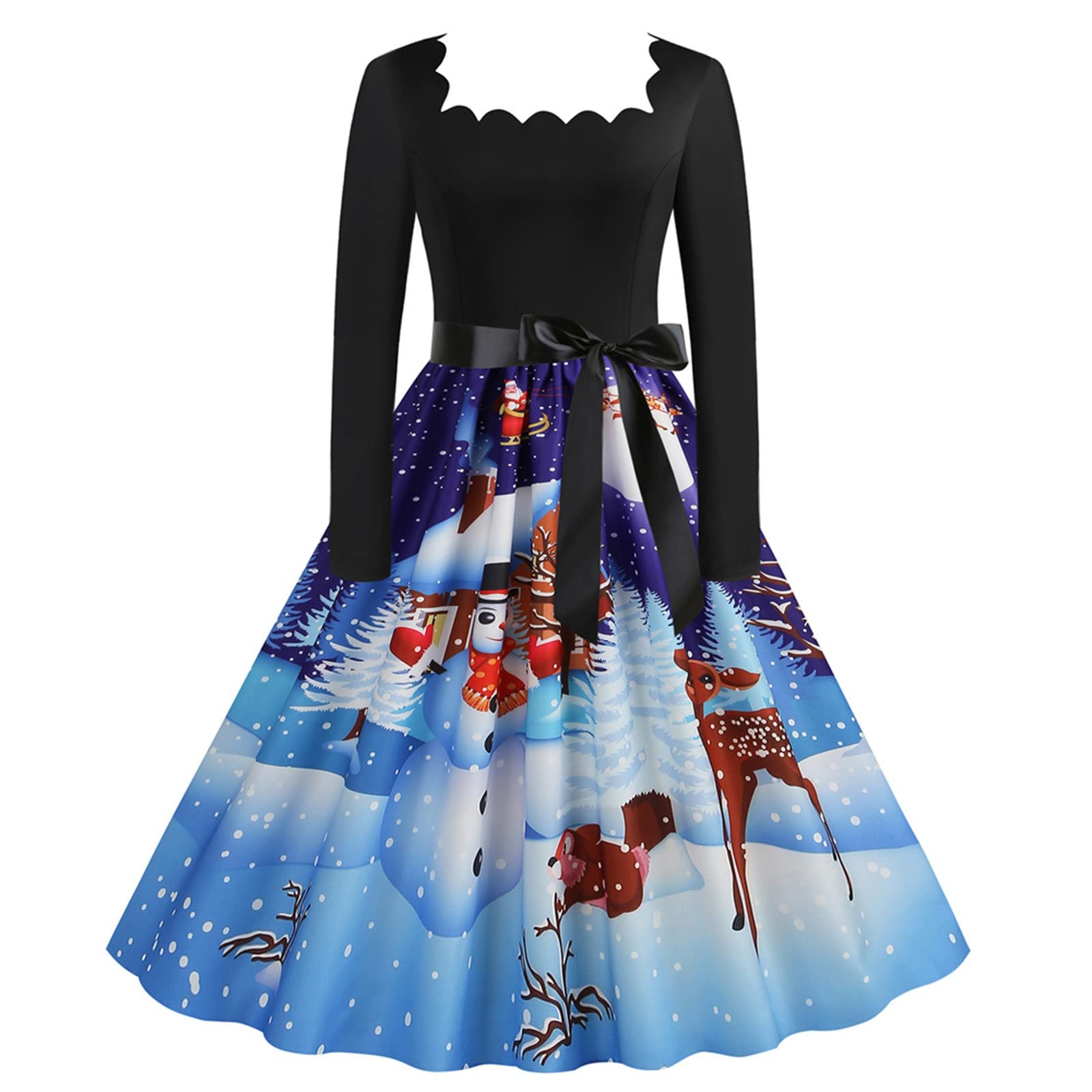 Robe De Noël Femme Style Années 50 - Imprimé Festif, Manches Longues, Col V - Pour Dîners Et Fêtes D'hiver