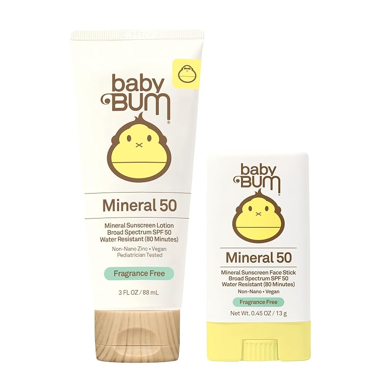 Sun Bum Baby Bum Protetor solar mineral FPS 50 em bastão facial e loção, sem fragrância, tamanho para viagem