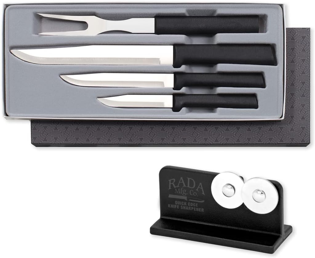 Rada Cutlery Prepare Then Carve Gift Set (G23C) with Quick Edge Sharpener (R119), 4-Piece Knife Set and Knife Sharpener, Stainless Steel Blades, Black Handle