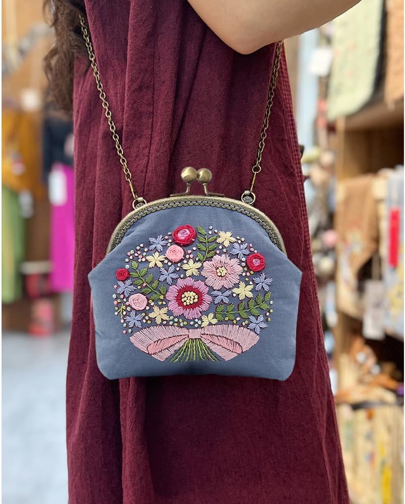 Eforcase Flower Embroidery Kit Tote Bag, Embroidery Coin Purse Kits Handbag Hand Embroidery Kit for Adults Beginner with Embroidery Patterns, Embroidery Hoop,DIY Sewing Kit