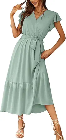 PRETTYGARDEN Women's Summer Floral Boho Maxi Dress Wrap Short Sleeve V Neck Ruffle A-Line Flowy Wedding Guest Long Dresses