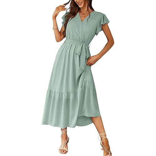PRETTYGARDEN Women's 2024 Floral Boho Dress Wrap V Neck Short Sleeve Belted Ruffle Hem A-Line Flowy Maxi Dresses