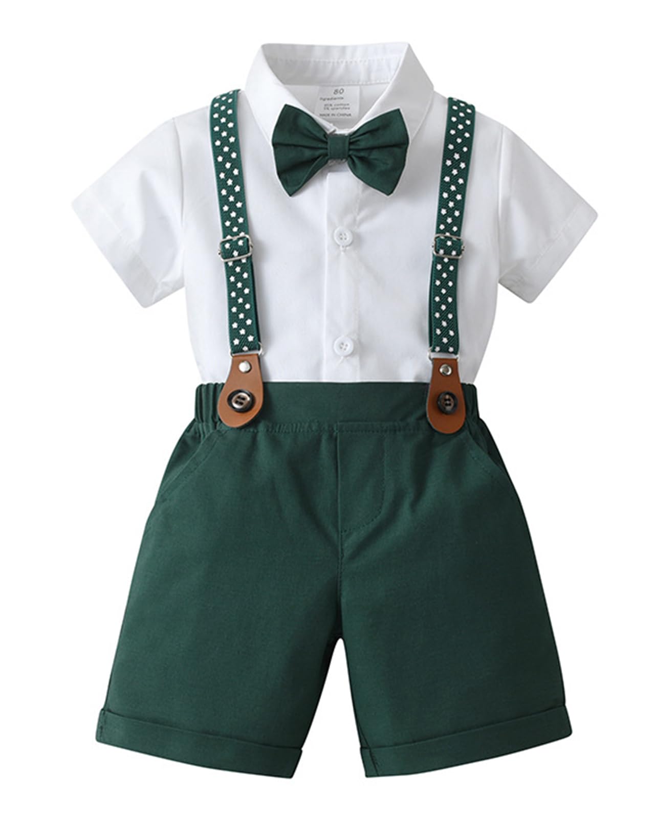 Completo Cerimonia Bambino, Ragazzo Camicia con Manica Corta + Papillon + Pantaloncini con Bretelle 4 Pezzi per Nozze Compleanno Matrimonio Partito