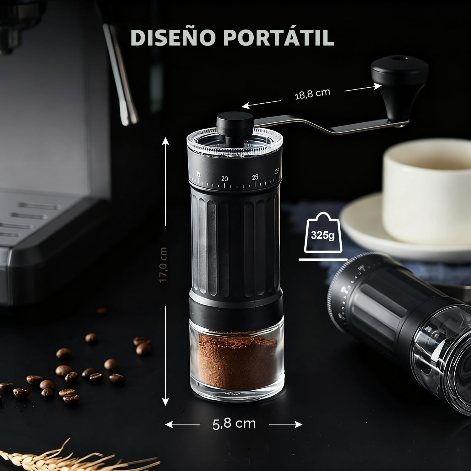 Molinillo de café manual, molinillo de café manual portátil con capacidad de 30g, 40 ajustes ajustables, muela cónica con mango ergonómico para Espresso, Pour Over y más