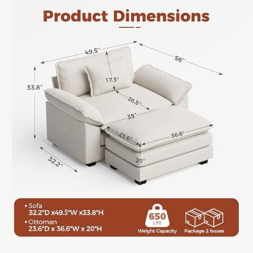CDCASA 50'' Oversized Chair with Movable Ottoman, Velvet Comfy Cloud Sofa Accent Chairs w/Large Seat and Armrests, Modern Extra Wide Armchair Reading Chairs for Living Room, DIY Combination, Beige