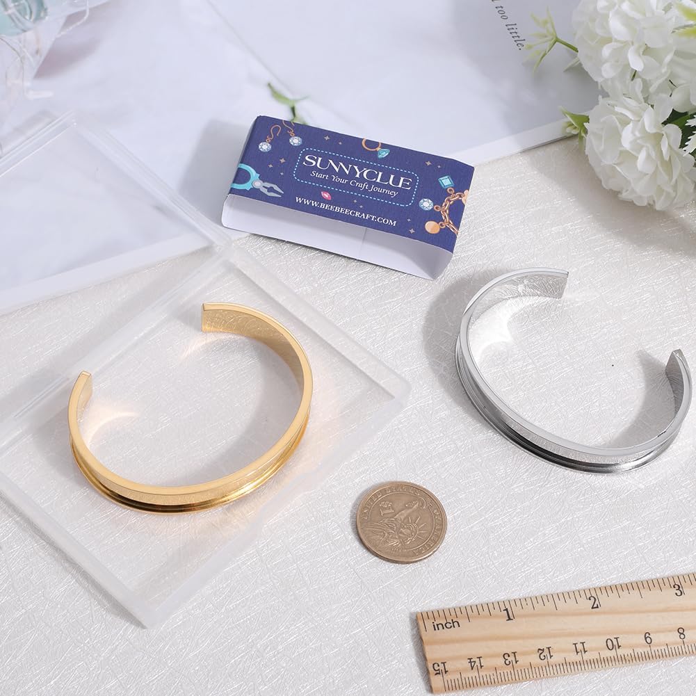 SUNNYCLUE 2Pcs Bracelet Blanks Stainless Steel Cuff Bracelets 12mm Wide C-Shape Empty Open Grooved Bracelets Blank Golden Platinum Color Hair Tie Bangles for Jewelry Making Kits Inlay Laser Engraving - Image 3