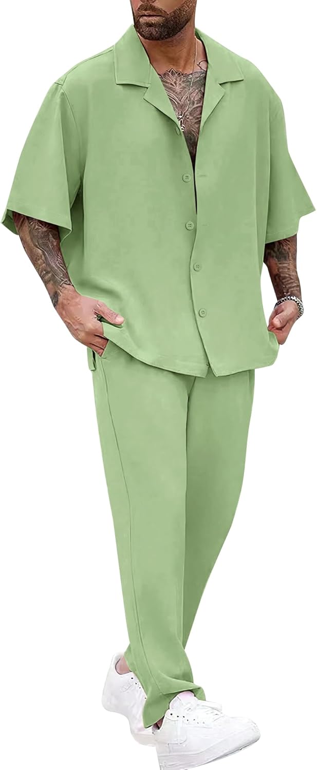 LecGee Men Summer Casual Short Sleeve Pant Sets Solid Button Down Shirt Elastic Pants 2 Piece Outfits Beach Tracksuit