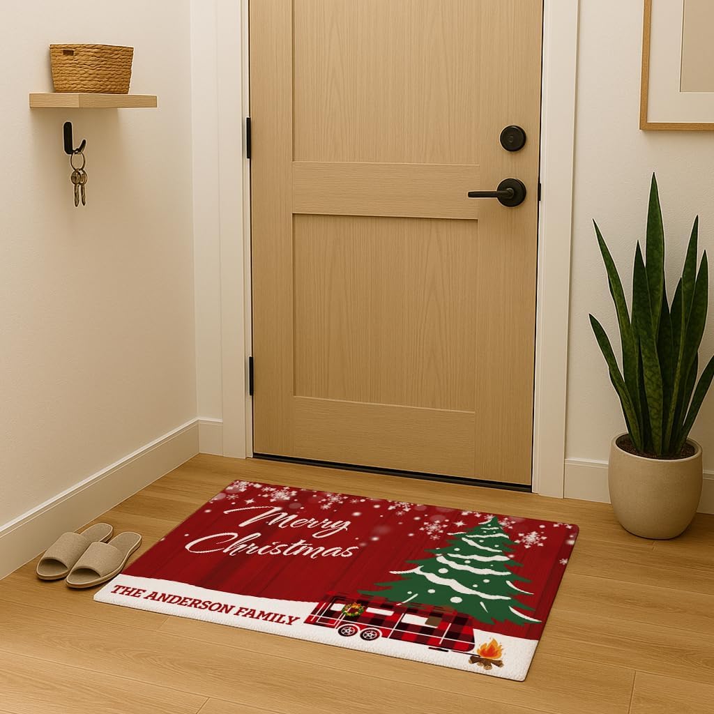 Personalized Camper Christmas Doormat with Family Name – Holiday Welcome Mat for Front Door – Custom Xmas Gift for RV Owners, Cabin Families, Porch Entryway, Housewarming Décor for Winter Season