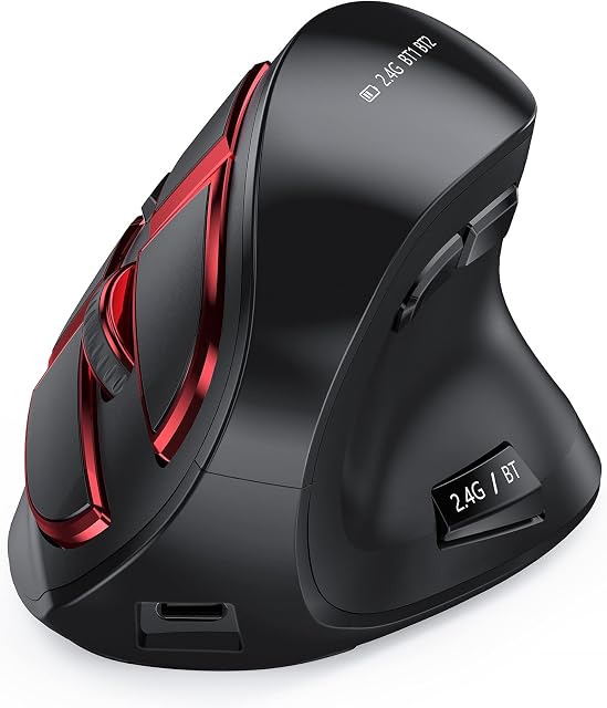 Seenda Ergonomic Mouse Wireless, Rechargeable Vertical Mouse for Multi-Purpose (BT3.0/5.0/2.4GHZ), Ergonomic Mouse Bluetooth for Laptop/PC/Smart TV/Mac/Smartphone/Tablet/iPad - Black and Red