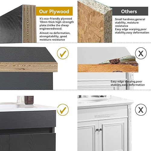 Miniatura 9 de Vanidad de baño de 24 pulgadas, tocador de baño montado en la pared con lavabo de cerámica blanca, dos puertas de gabinete de cierre suave, madera