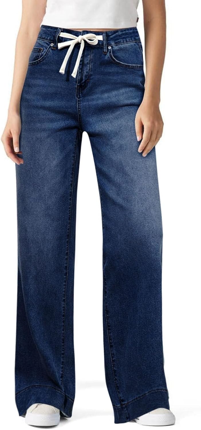 Women's Wide Leg Jeans High Waisted Stretchy Straight Leg Pant Vintage Casual Drawstring Denim Pants with Pockets