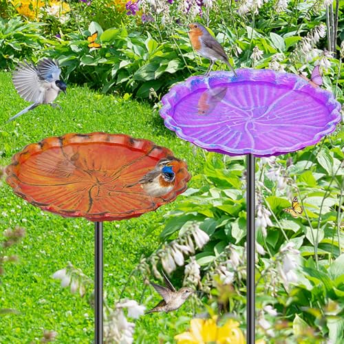 MeyRolizn 2PCS Hummingbird Bird Bath for Outside, Freestanding Metal Flower BirdBaths Bowl with Stake, Detachable Birdfeeder for Outdoor Yard Lawn Garden Decor (2PCS-Purple-Orange)