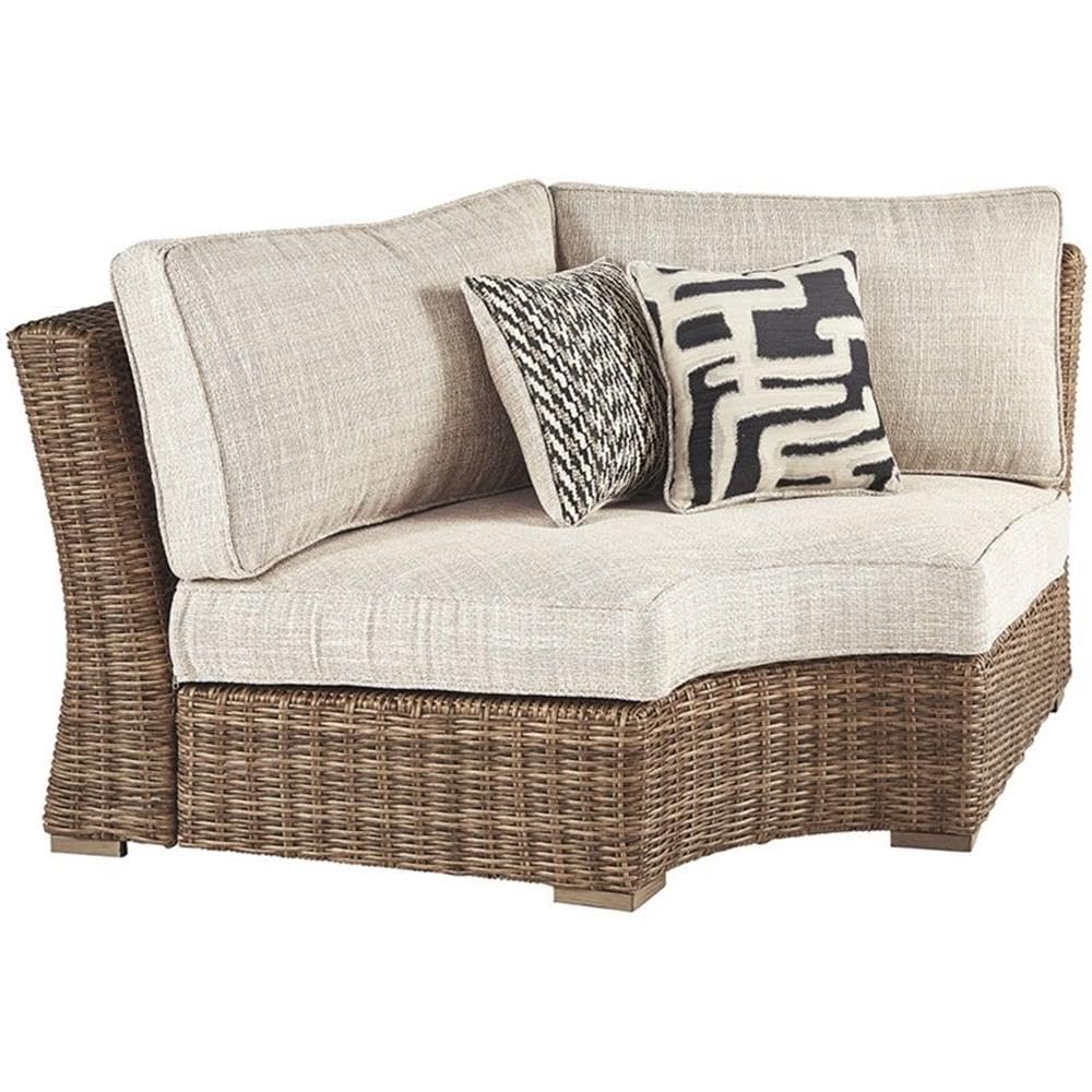 Signature Design by Ashley Beachcroft Outdoor Curved Corner Chair with Cushion, 2 Pillows, Performance Fabric, Resin Wicker, 18.5" Seat Height, Beige