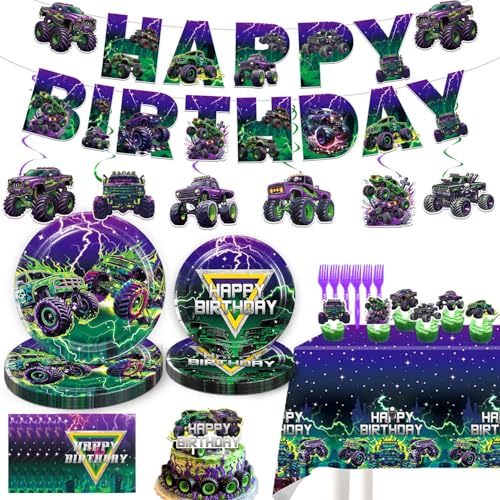 Monster Truck Birthday Decorations，Monster Truck Plates And Napkins，Monster Truck Party