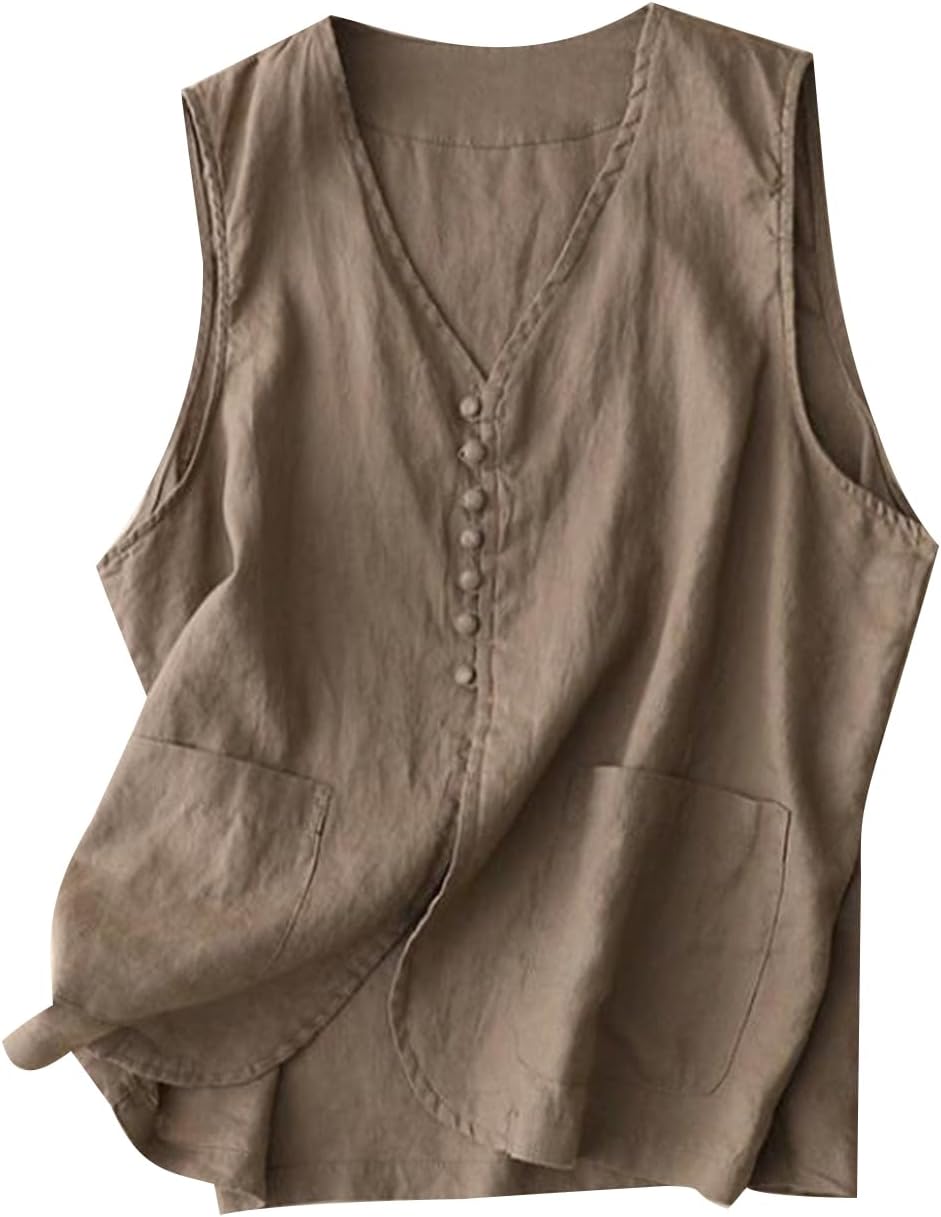 MINTLIMIT Women's Linen Vest Summer Sleeveless V Neck Waistcoat Lightweight Work Casual Cotton Blazer Vest